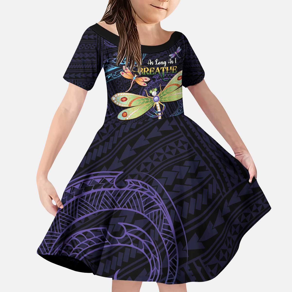 As Long As I Breathe You'll Be Remembered Kid Short Sleeve Dress Dragonflies Memorial - Polynesian Pattern