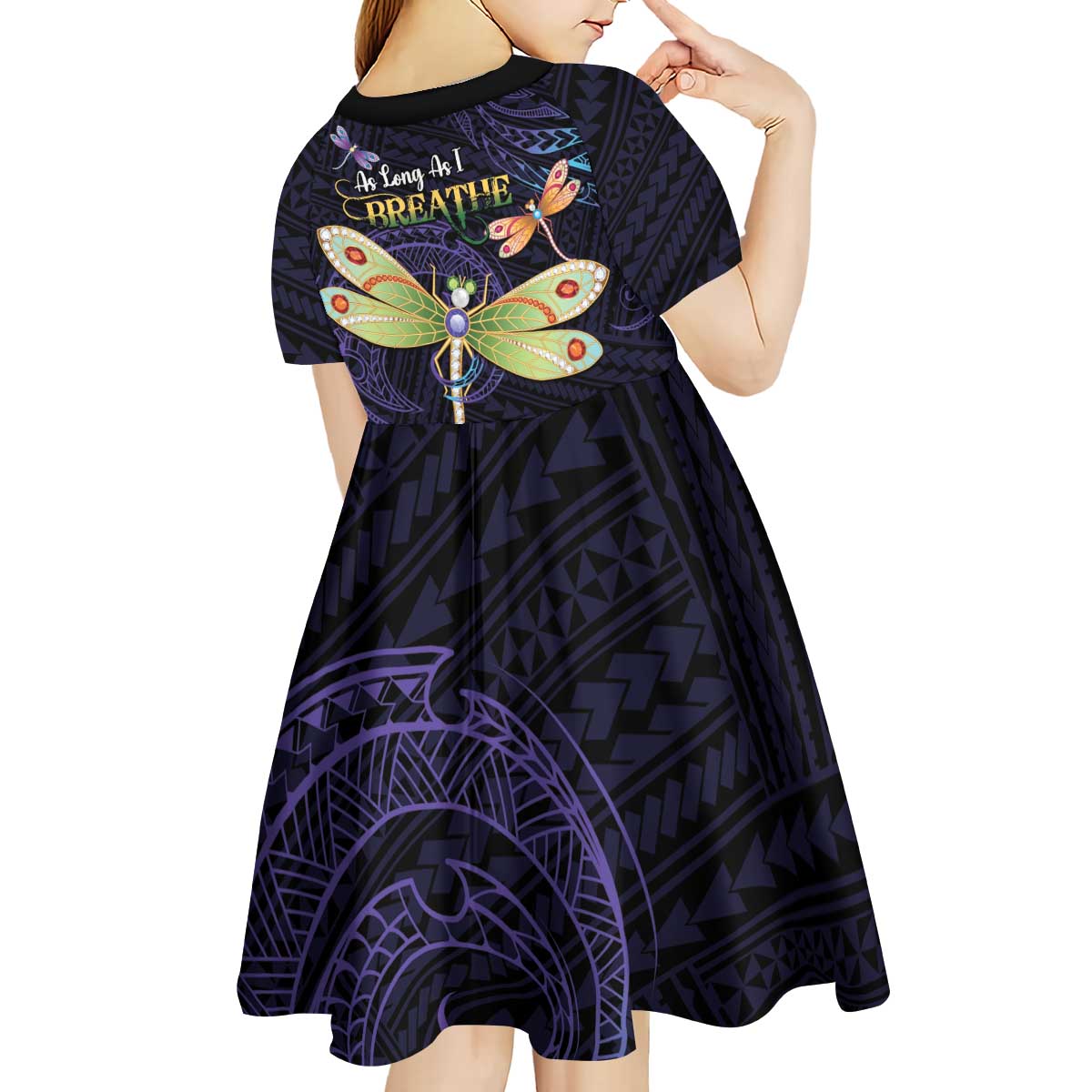 As Long As I Breathe You'll Be Remembered Kid Short Sleeve Dress Dragonflies Memorial - Polynesian Pattern