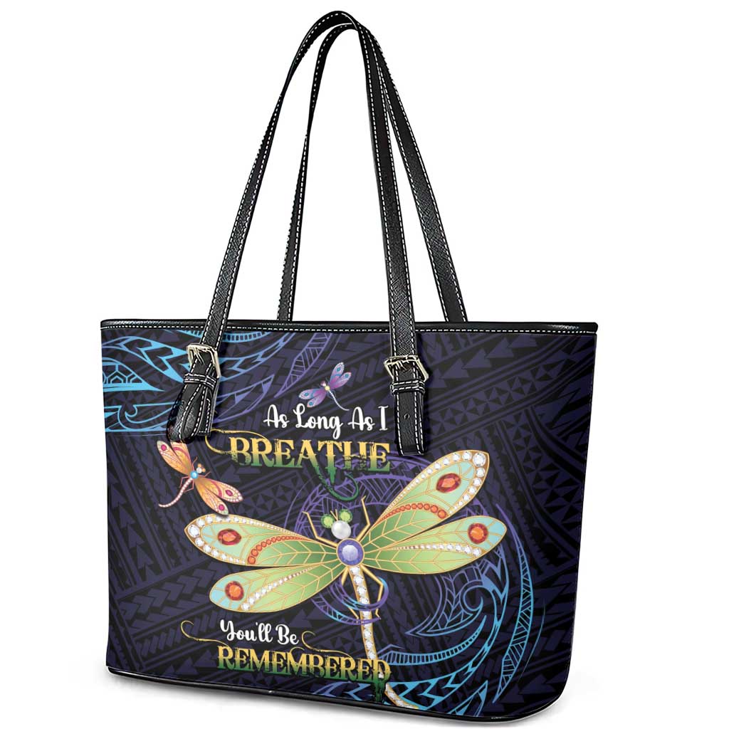 As Long As I Breathe You'll Be Remembered Leather Tote Bag Dragonflies Memorial - Polynesian Pattern