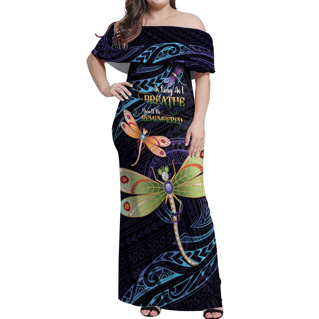 As Long As I Breathe You'll Be Remembered Off Shoulder Maxi Dress Dragonflies Memorial - Polynesian Pattern