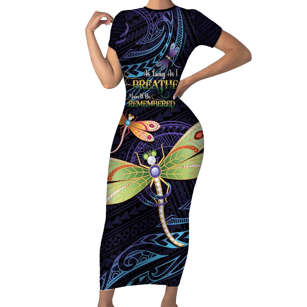 As Long As I Breathe You'll Be Remembered Short Sleeve Bodycon Dress Dragonflies Memorial - Polynesian Pattern LT14 Long Dress Black - Polynesian Pride