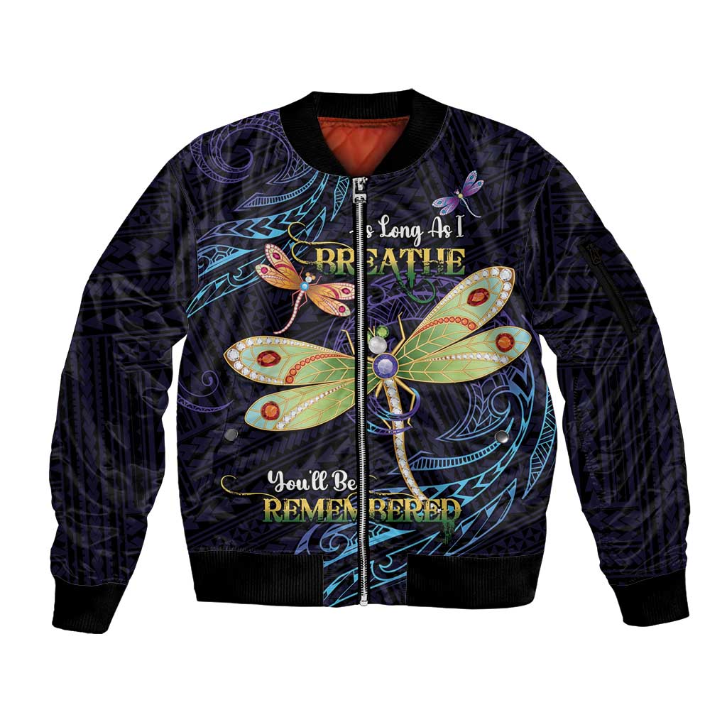 As Long As I Breathe You'll Be Remembered Sleeve Zip Bomber Jacket Dragonflies Memorial - Polynesian Pattern LT14 Unisex Black - Polynesian Pride