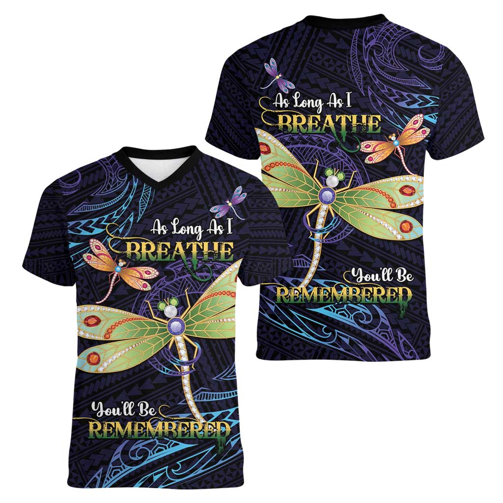 As Long As I Breathe You'll Be Remembered Women V-Neck T-Shirt Dragonflies Memorial - Polynesian Pattern