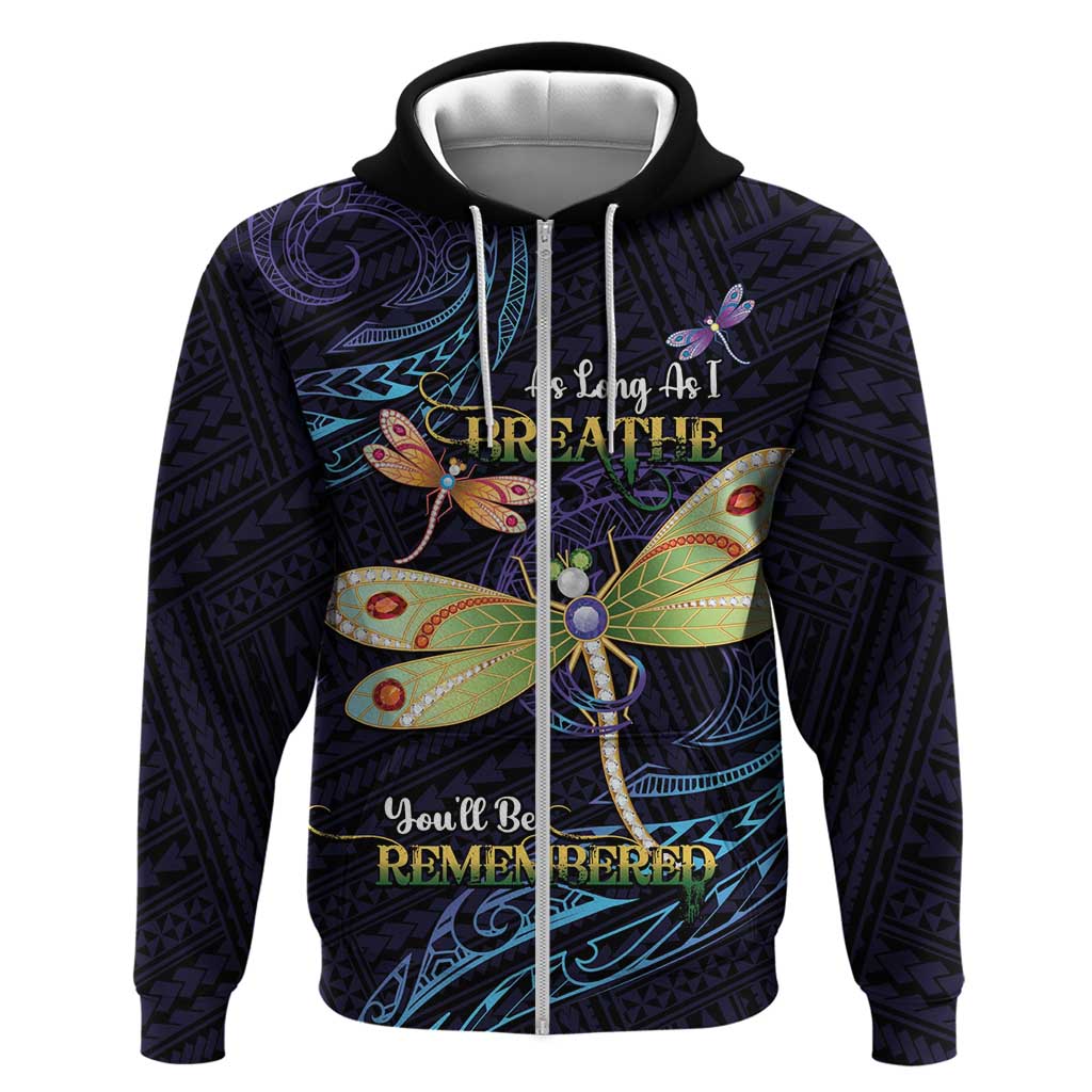 As Long As I Breathe You'll Be Remembered Zip Hoodie Dragonflies Memorial - Polynesian Pattern LT14 Zip Hoodie Black - Polynesian Pride