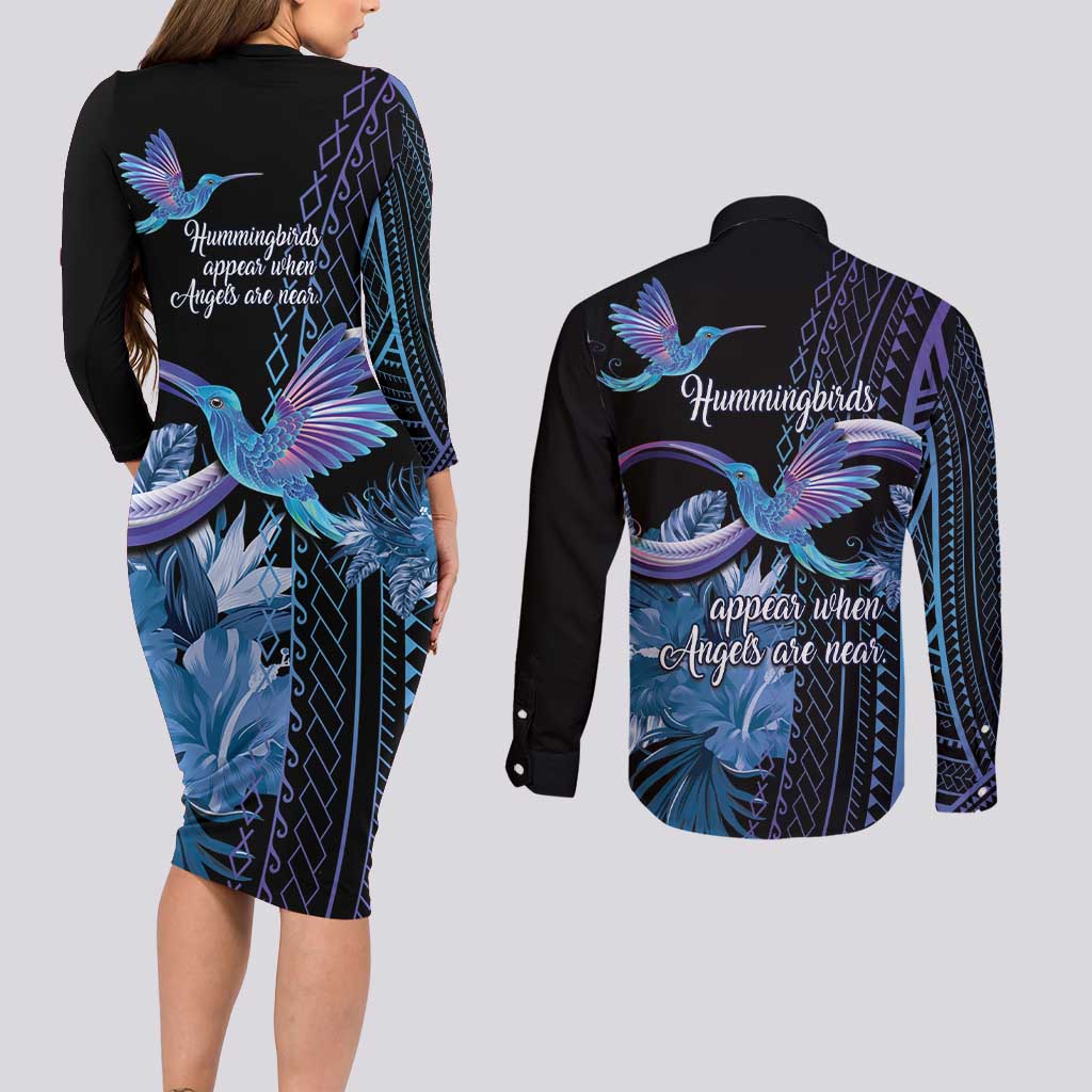 Polynesian Memorial Couples Matching Long Sleeve Bodycon Dress and Long Sleeve Button Shirt Hummingbirds Appear When Angels Are Near LT14