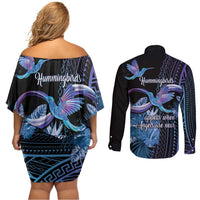 Polynesian Memorial Couples Matching Off Shoulder Short Dress and Long Sleeve Button Shirt Hummingbirds Appear When Angels Are Near LT14