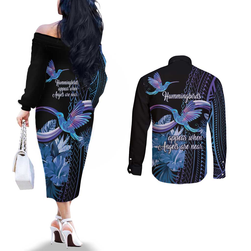 Polynesian Memorial Couples Matching Off The Shoulder Long Sleeve Dress and Long Sleeve Button Shirt Hummingbirds Appear When Angels Are Near LT14
