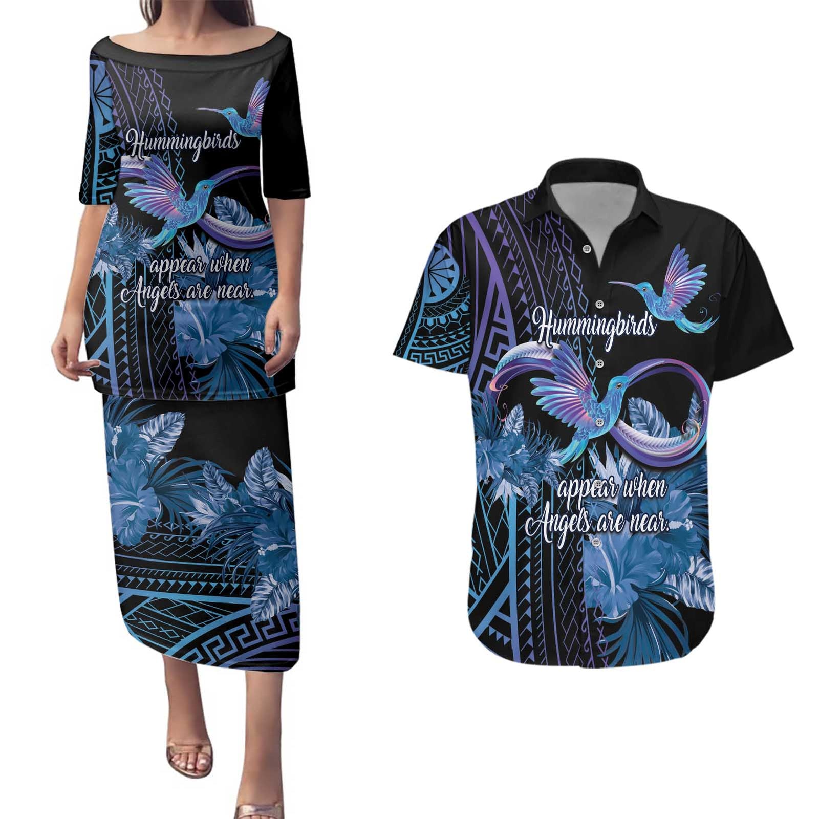 Polynesian Memorial Couples Matching Puletasi and Hawaiian Shirt Hummingbirds Appear When Angels Are Near LT14