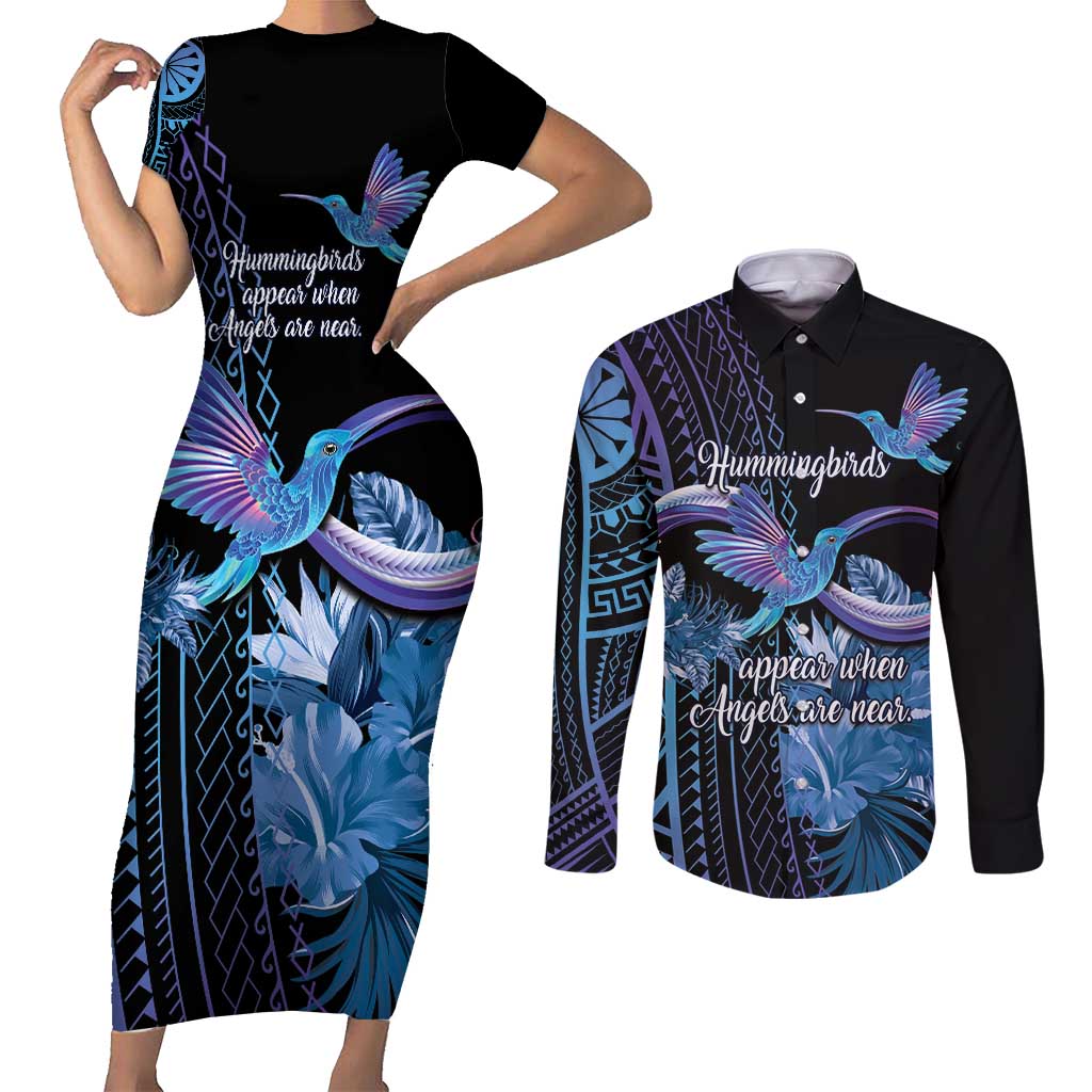 Polynesian Memorial Couples Matching Short Sleeve Bodycon Dress and Long Sleeve Button Shirt Hummingbirds Appear When Angels Are Near LT14