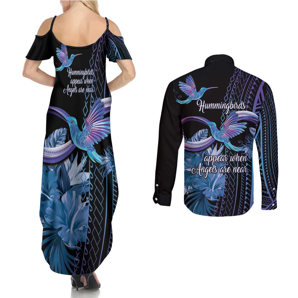 Polynesian Memorial Couples Matching Summer Maxi Dress and Long Sleeve Button Shirt Hummingbirds Appear When Angels Are Near LT14