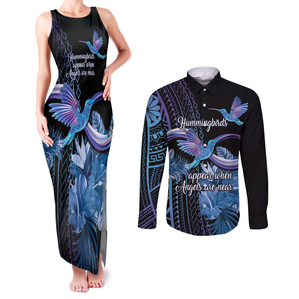 Polynesian Memorial Couples Matching Tank Maxi Dress and Long Sleeve Button Shirt Hummingbirds Appear When Angels Are Near LT14