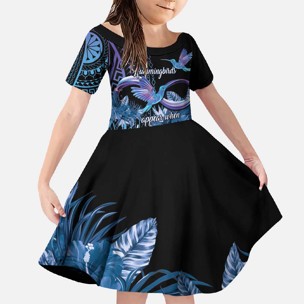 Polynesian Memorial Family Matching Long Sleeve Bodycon Dress and Hawaiian Shirt Hummingbirds Appear When Angels Are Near LT14 Daughter's Dress Black - Polynesian Pride