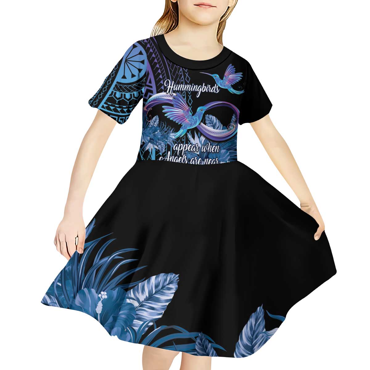 Polynesian Memorial Kid Short Sleeve Dress Hummingbirds Appear When Angels Are Near LT14