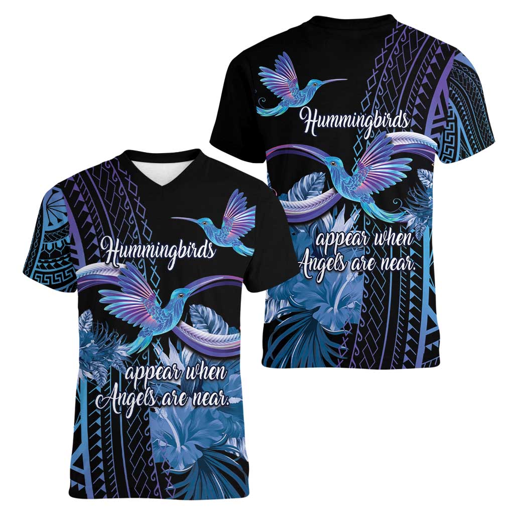 Polynesian Memorial Women V-Neck T-Shirt Hummingbirds Appear When Angels Are Near LT14