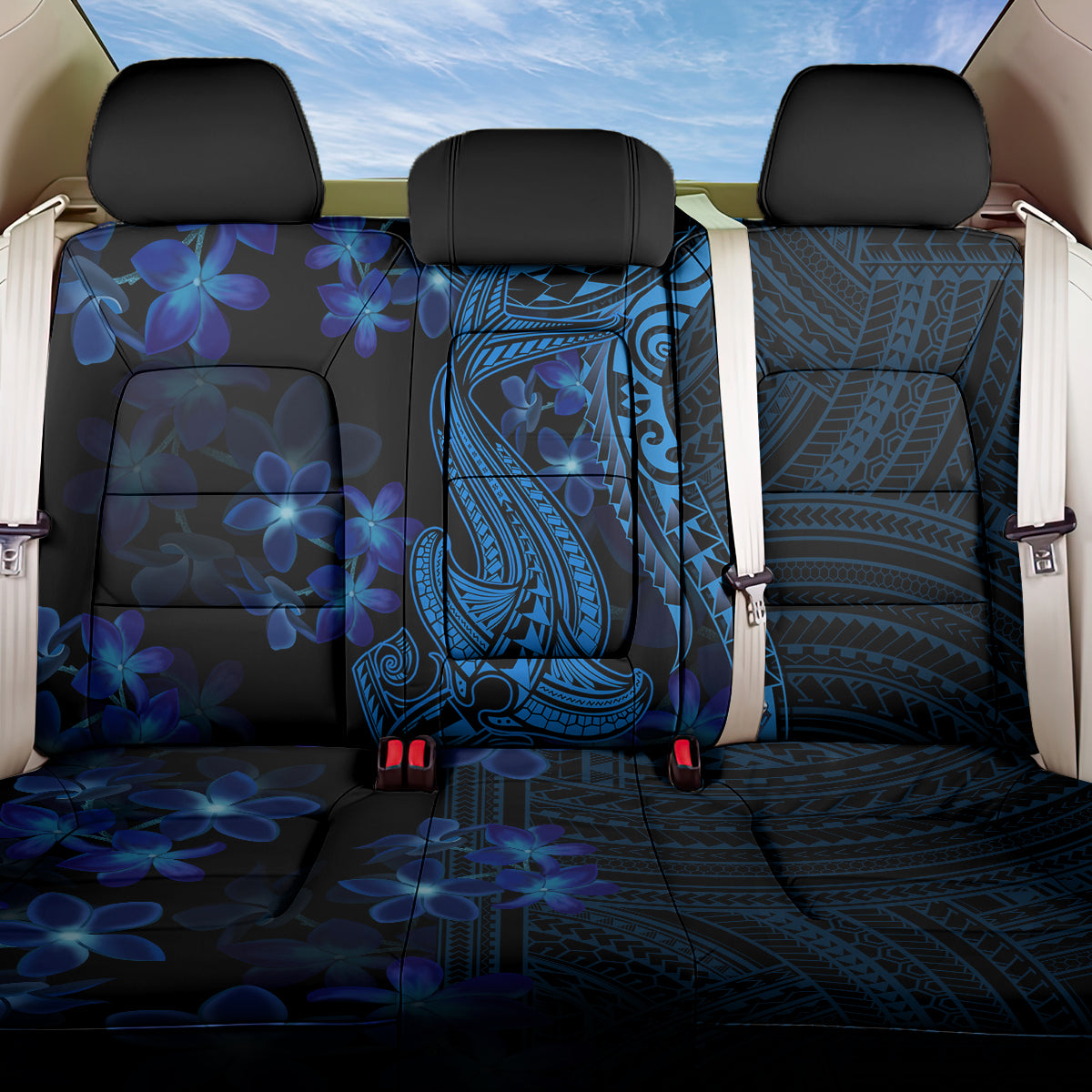 Blue Polynesia Shark Tattoo Back Car Seat Cover With Polynesian Plumeria LT14 One Size Blue - Polynesian Pride
