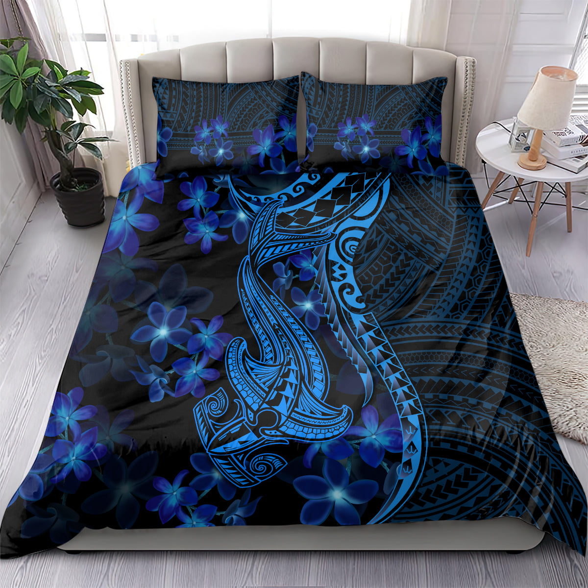 Blue Polynesia Shark Tattoo Bedding Set With Polynesian Plumeria LT14 - Polynesian Pride
