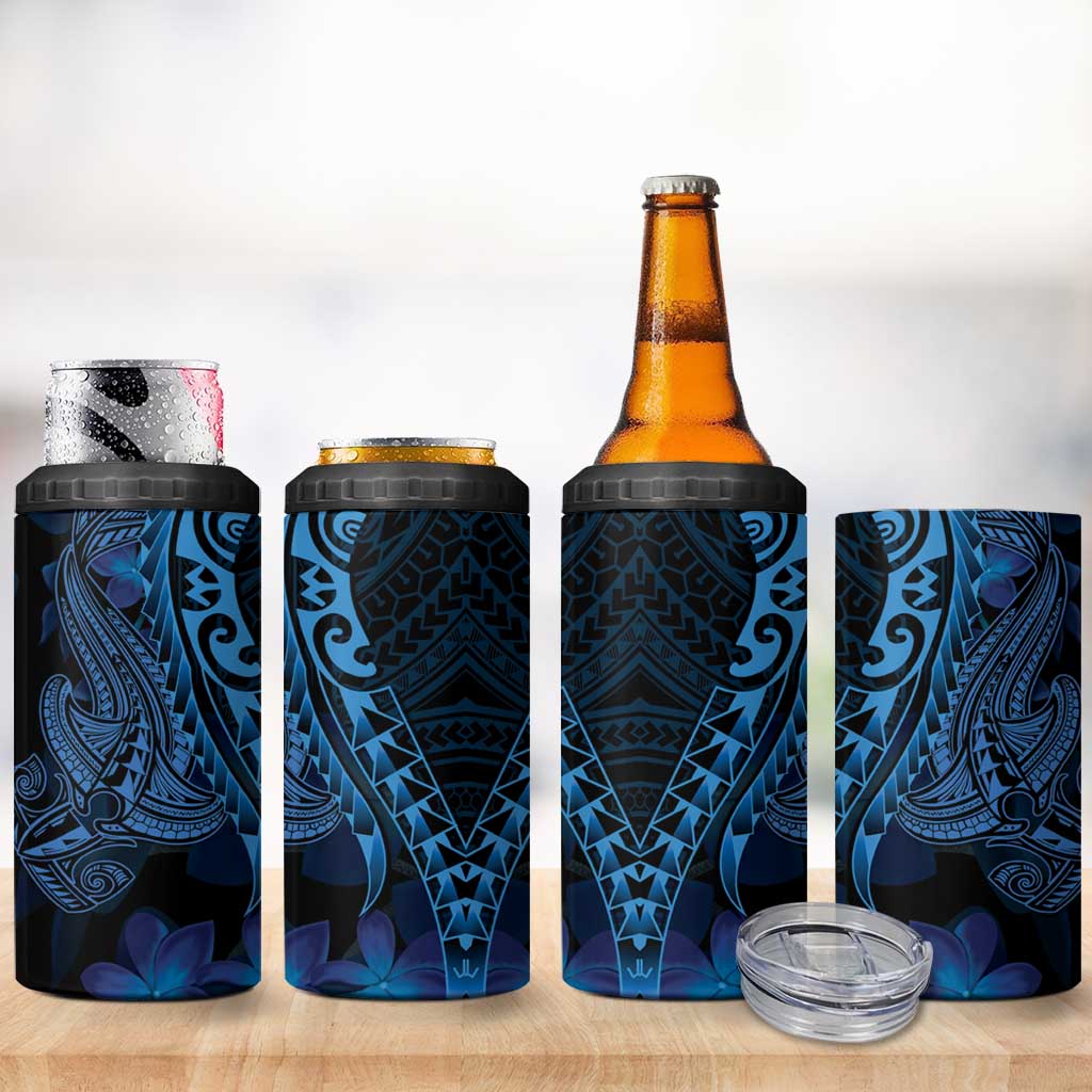 Blue Polynesia Shark Tattoo 4 in 1 Can Cooler Tumbler With Polynesian Plumeria