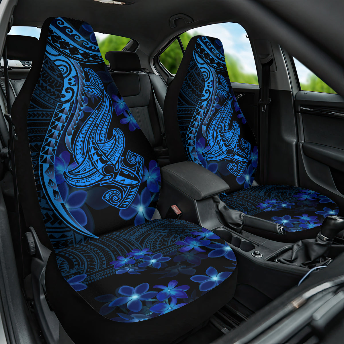 Blue Polynesia Shark Tattoo Car Seat Cover With Polynesian Plumeria LT14 One Size Blue - Polynesian Pride