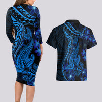 Blue Polynesia Shark Tattoo Couples Matching Long Sleeve Bodycon Dress and Hawaiian Shirt With Polynesian Plumeria LT14 - Polynesian Pride