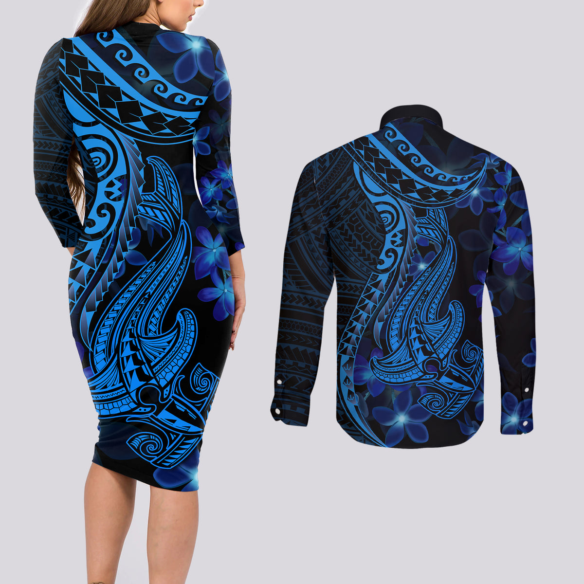 Blue Polynesia Shark Tattoo Couples Matching Long Sleeve Bodycon Dress and Long Sleeve Button Shirt With Polynesian Plumeria LT14 - Polynesian Pride