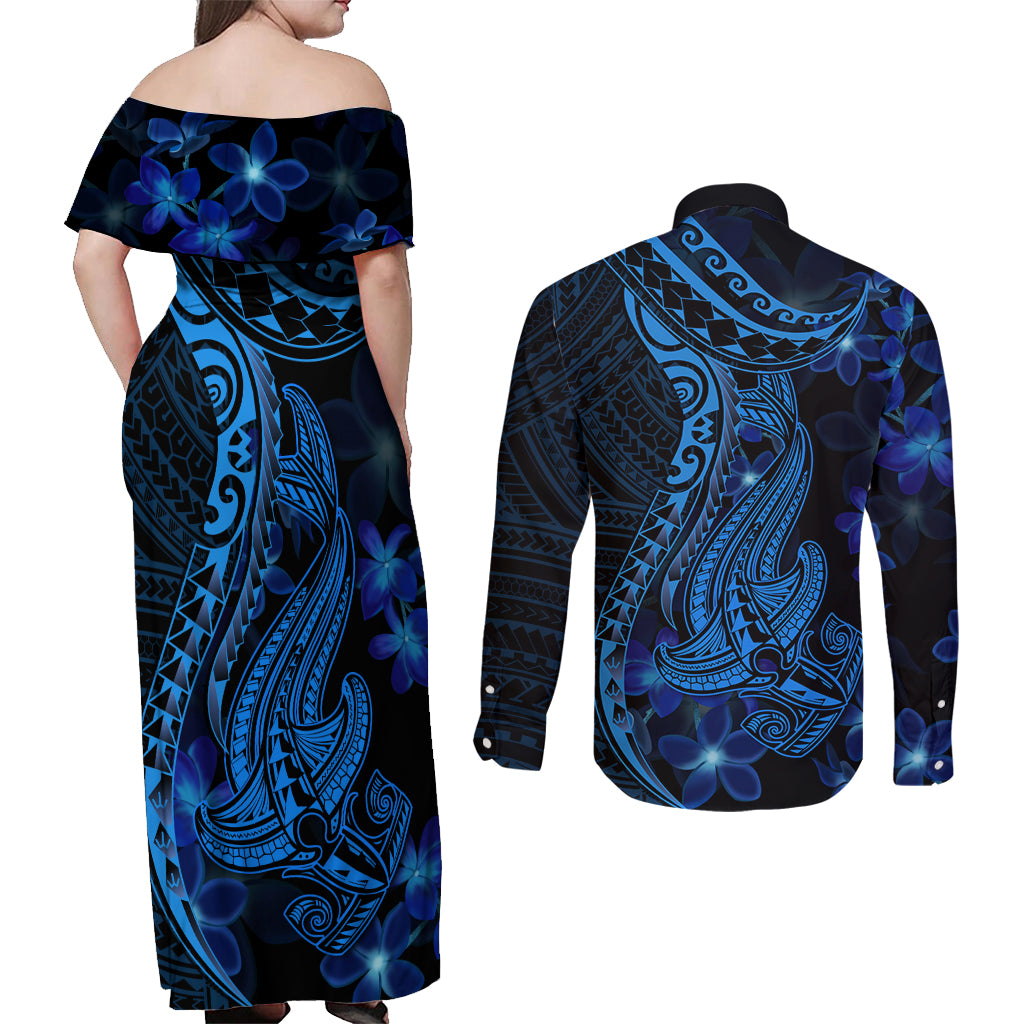 Blue Polynesia Shark Tattoo Couples Matching Off Shoulder Maxi Dress and Long Sleeve Button Shirt With Polynesian Plumeria LT14 - Polynesian Pride