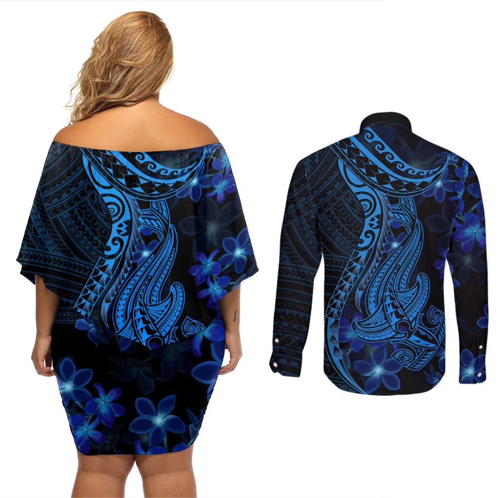 Blue Polynesia Shark Tattoo Couples Matching Off Shoulder Short Dress and Long Sleeve Button Shirt With Polynesian Plumeria LT14 - Polynesian Pride