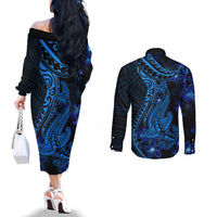 Blue Polynesia Shark Tattoo Couples Matching Off The Shoulder Long Sleeve Dress and Long Sleeve Button Shirt With Polynesian Plumeria LT14 - Polynesian Pride