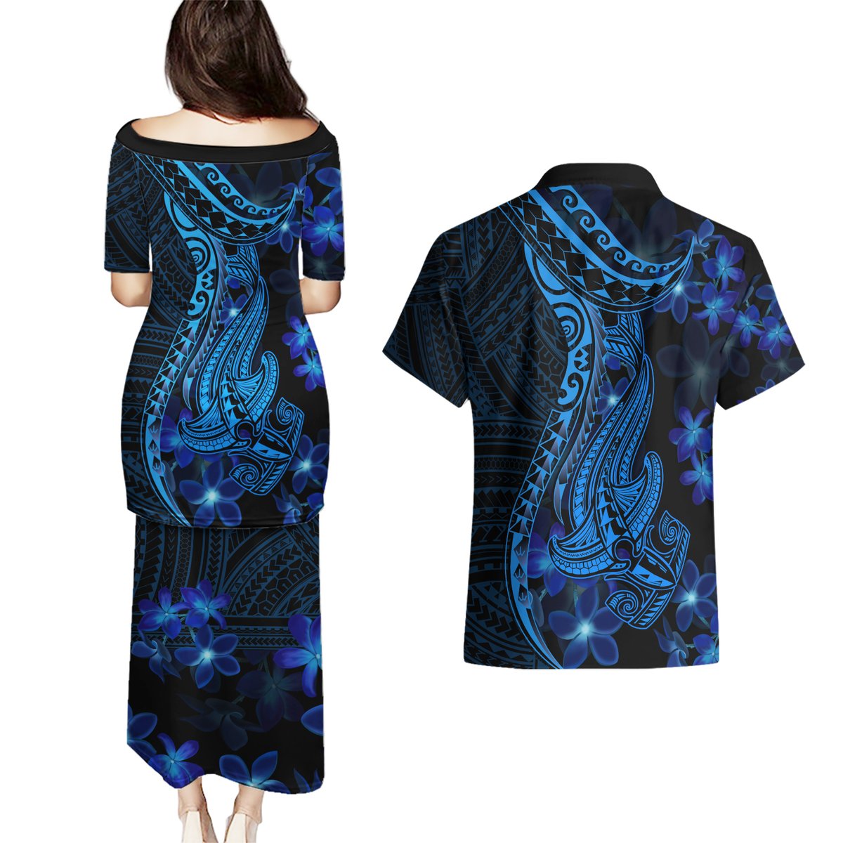 Blue Polynesia Shark Tattoo Couples Matching Puletasi Dress and Hawaiian Shirt With Polynesian Plumeria LT14 - Polynesian Pride