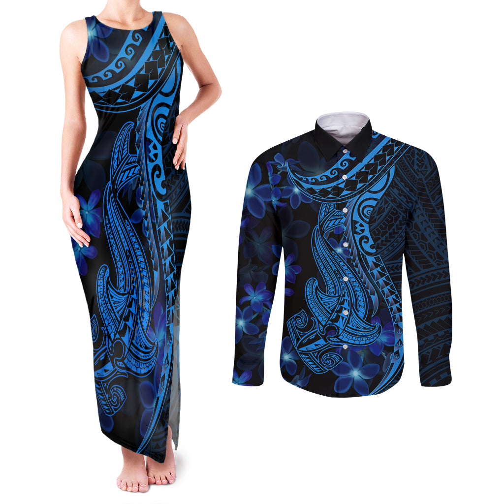 Blue Polynesia Shark Tattoo Couples Matching Tank Maxi Dress and Long Sleeve Button Shirt With Polynesian Plumeria LT14 Blue - Polynesian Pride