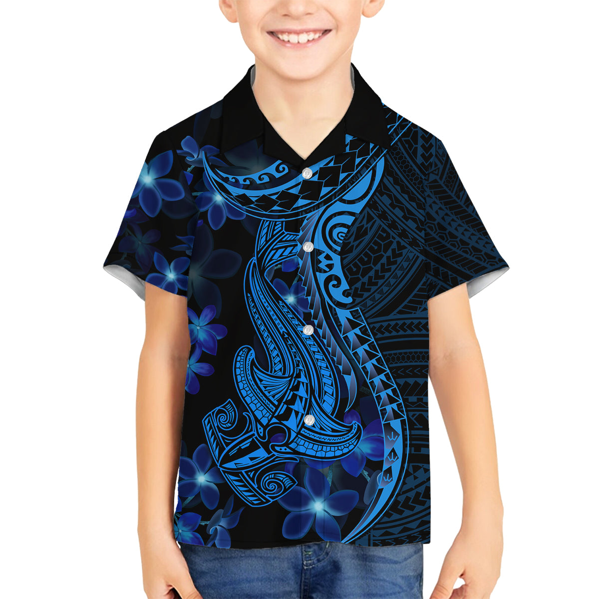 Blue Polynesia Shark Tattoo Family Matching Long Sleeve Bodycon Dress and Hawaiian Shirt With Polynesian Plumeria LT14 Son's Shirt Blue - Polynesian Pride