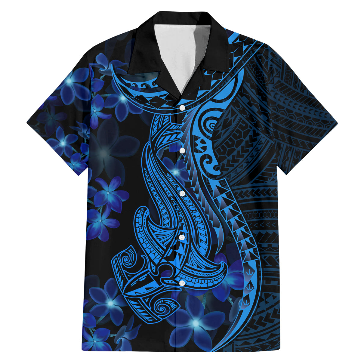 Blue Polynesia Shark Tattoo Family Matching Mermaid Dress and Hawaiian Shirt With Polynesian Plumeria LT14 Dad's Shirt - Short Sleeve Blue - Polynesian Pride