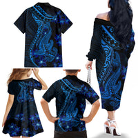 Blue Polynesia Shark Tattoo Family Matching Off Shoulder Long Sleeve Dress and Hawaiian Shirt With Polynesian Plumeria LT14 - Polynesian Pride