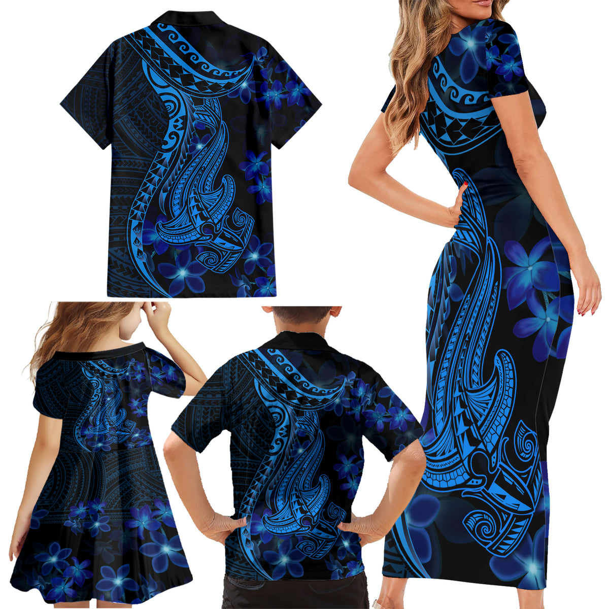 Blue Polynesia Shark Tattoo Family Matching Short Sleeve Bodycon Dress and Hawaiian Shirt With Polynesian Plumeria LT14 - Polynesian Pride