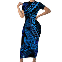 Blue Polynesia Shark Tattoo Family Matching Short Sleeve Bodycon Dress and Hawaiian Shirt With Polynesian Plumeria LT14 Mom's Dress Blue - Polynesian Pride