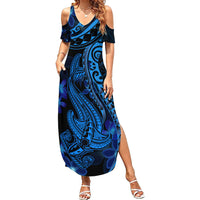 Blue Polynesia Shark Tattoo Family Matching Summer Maxi Dress and Hawaiian Shirt With Polynesian Plumeria LT14 Mom's Dress Blue - Polynesian Pride