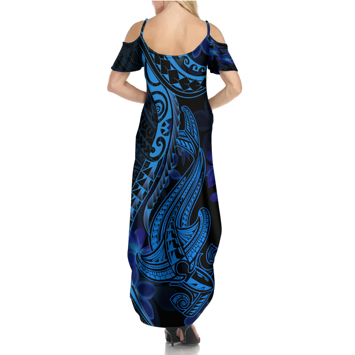 Blue Polynesia Shark Tattoo Family Matching Summer Maxi Dress and Hawaiian Shirt With Polynesian Plumeria LT14 - Polynesian Pride