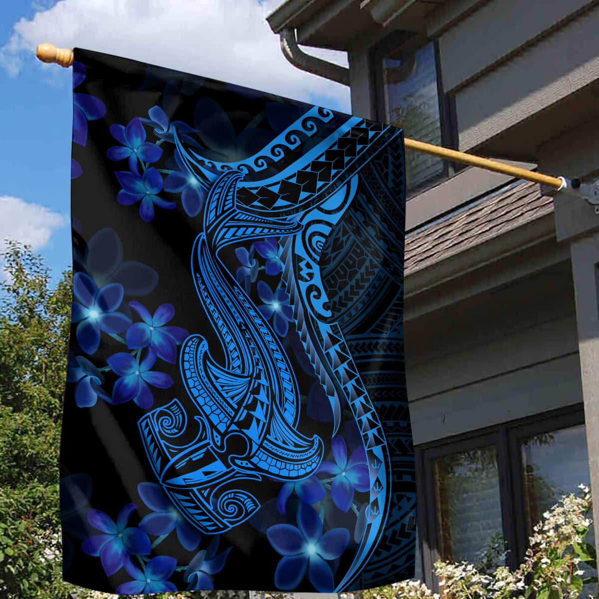 Blue Polynesia Shark Tattoo Garden Flag With Polynesian Plumeria LT14 - Polynesian Pride
