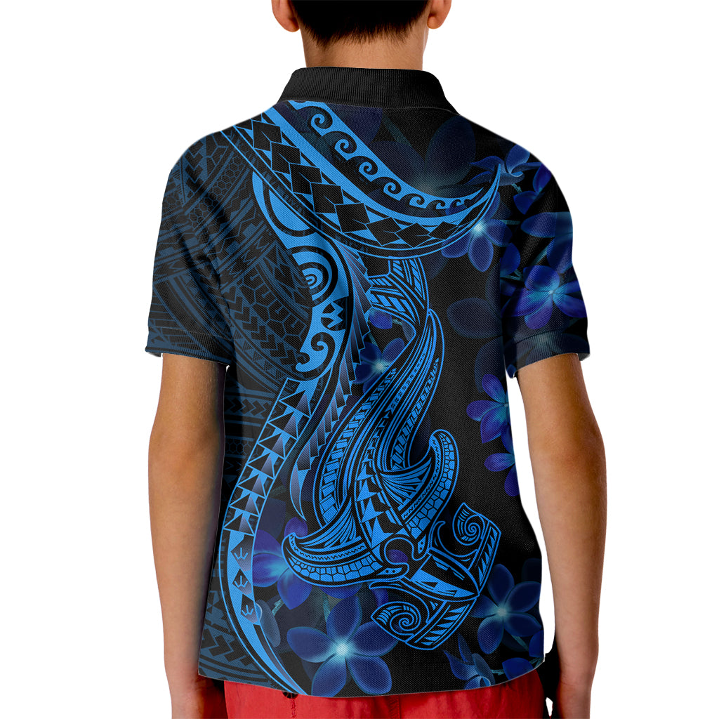Blue Polynesia Shark Tattoo Kid Polo Shirt With Polynesian Plumeria LT14 - Polynesian Pride