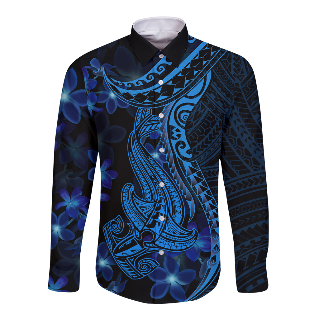 Blue Polynesia Shark Tattoo Long Sleeve Button Shirt With Polynesian Plumeria LT14 Unisex Blue - Polynesian Pride