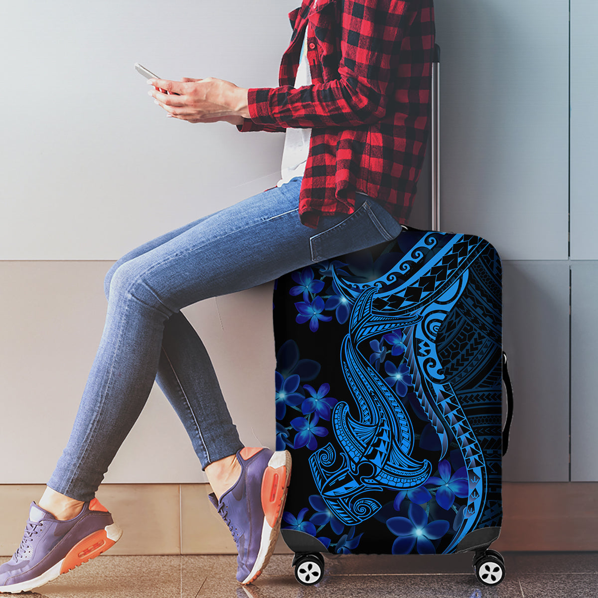 Blue Polynesia Shark Tattoo Luggage Cover With Polynesian Plumeria LT14 - Polynesian Pride
