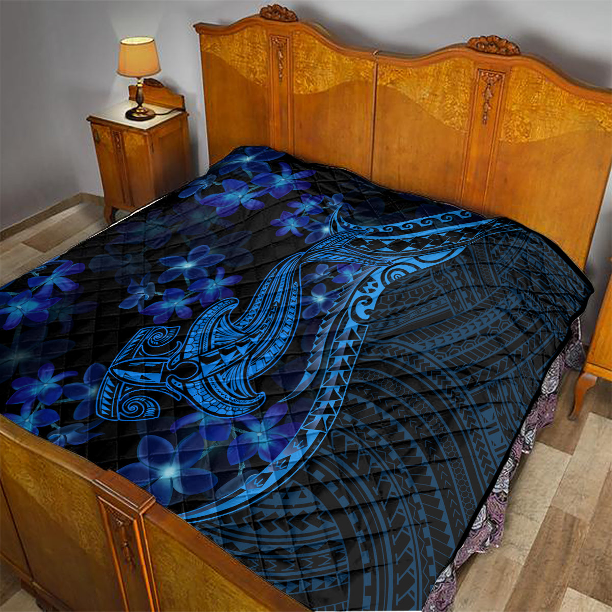 Blue Polynesia Shark Tattoo Quilt With Polynesian Plumeria LT14 - Polynesian Pride
