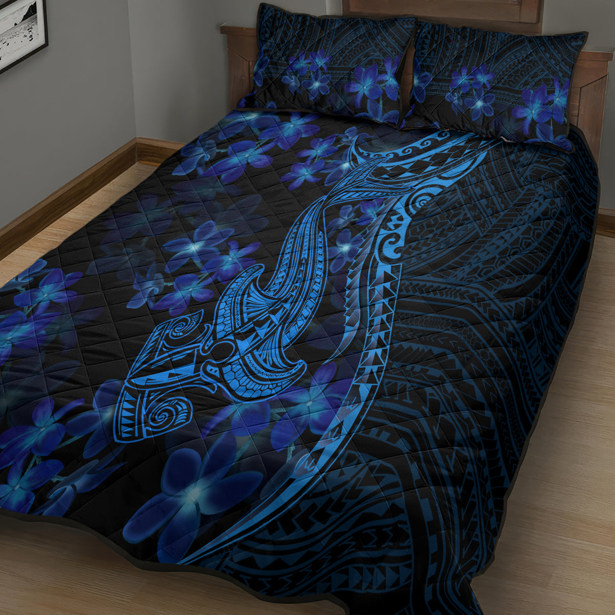 Blue Polynesia Shark Tattoo Quilt Bed Set With Polynesian Plumeria LT14 - Polynesian Pride