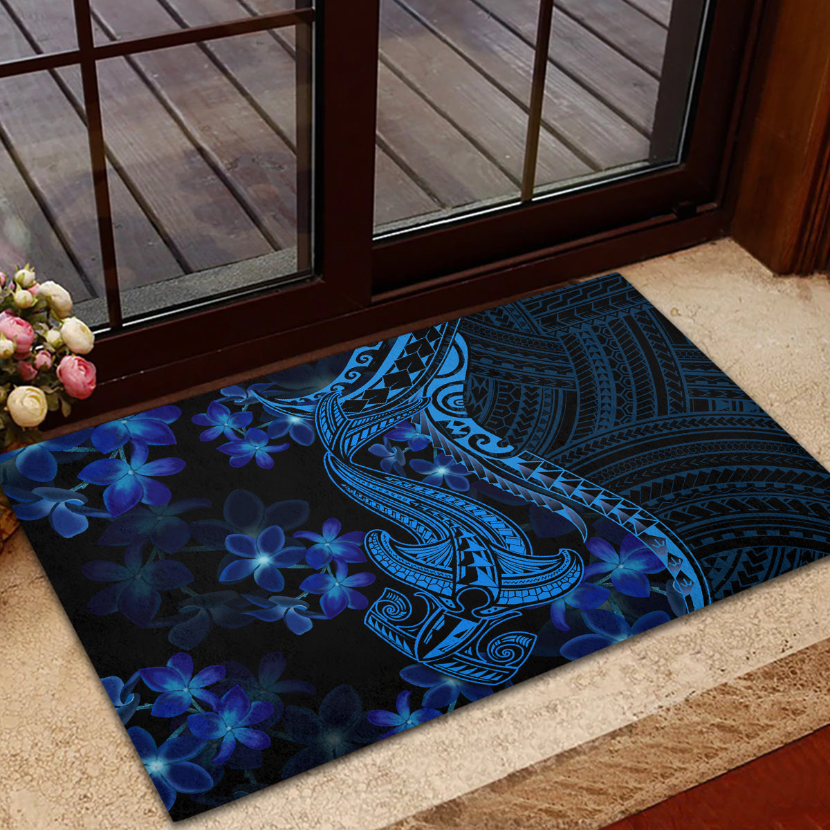 Blue Polynesia Shark Tattoo Rubber Doormat With Polynesian Plumeria LT14 - Polynesian Pride