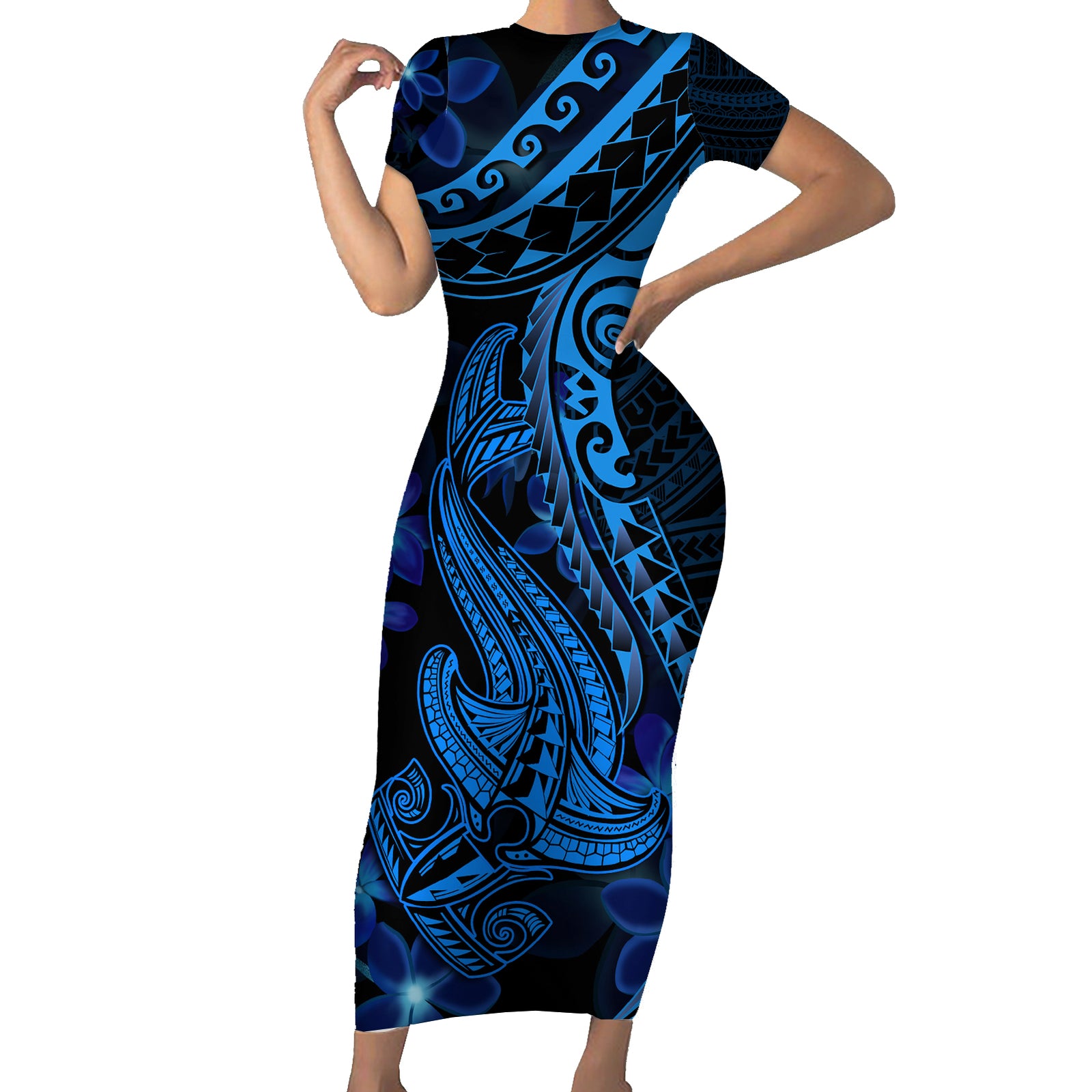 Blue Polynesia Shark Tattoo Short Sleeve Bodycon Dress With Polynesian Plumeria LT14 Long Dress Blue - Polynesian Pride
