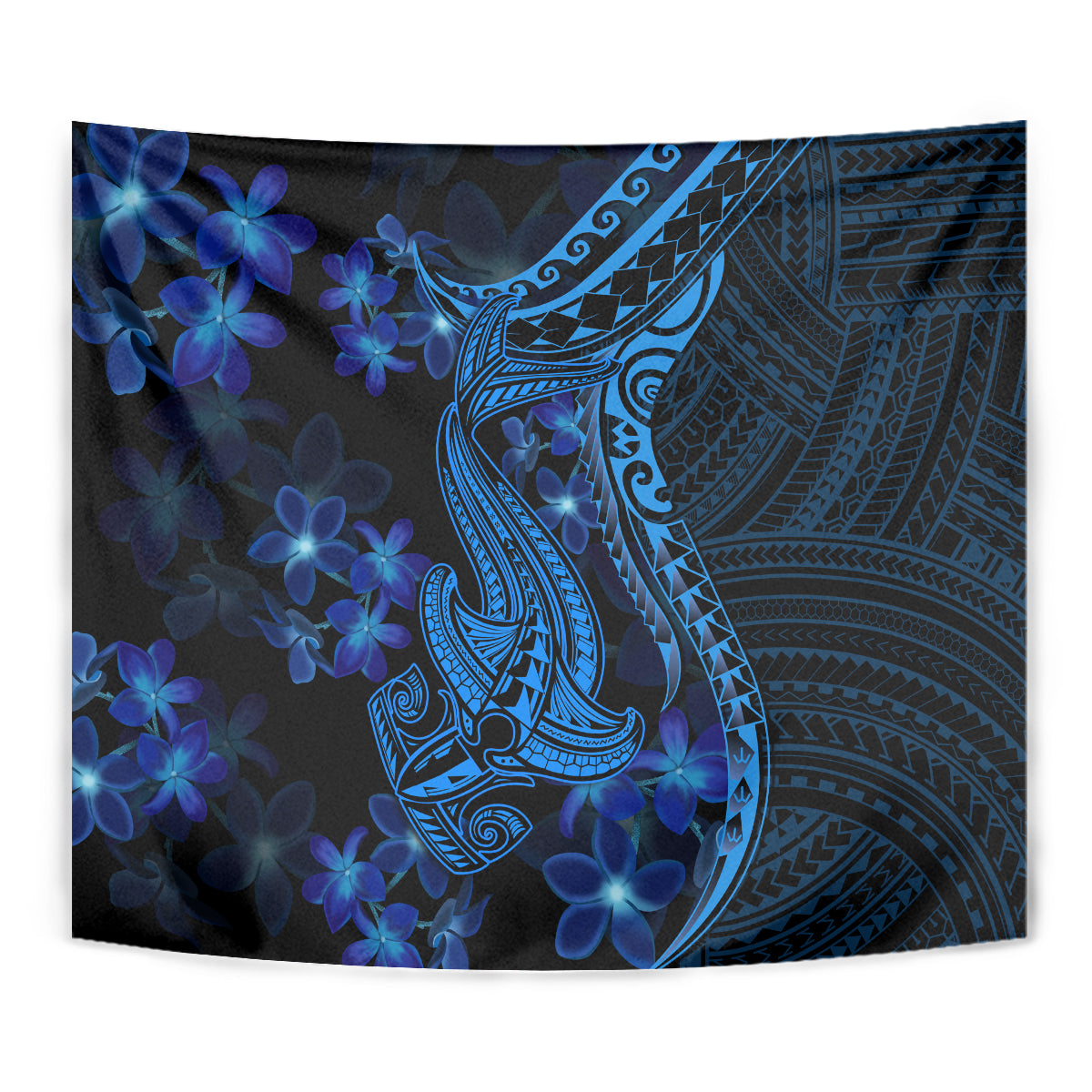 Blue Polynesia Shark Tattoo Tapestry With Polynesian Plumeria LT14 - Polynesian Pride