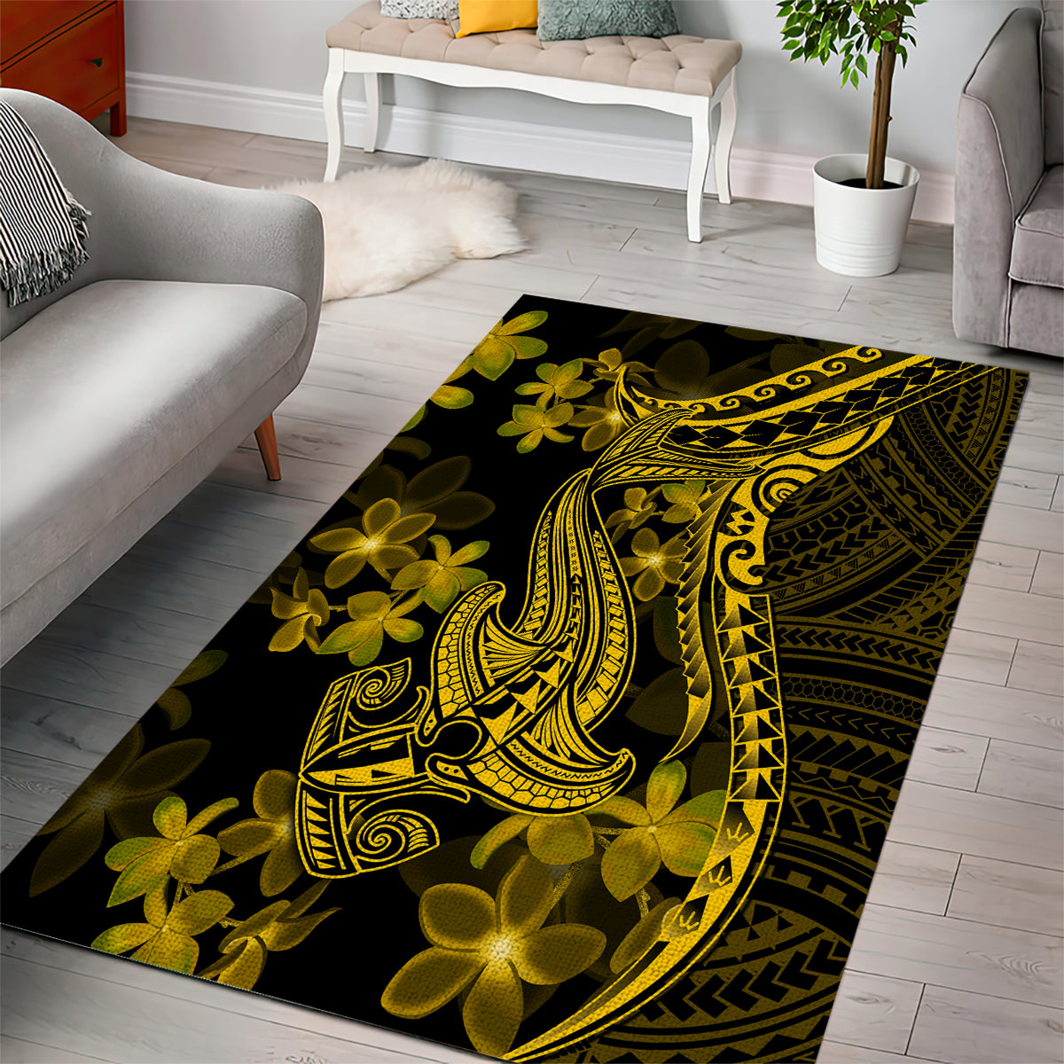 Gold Polynesia Shark Tattoo Area Rug With Polynesian Plumeria LT14 - Polynesian Pride