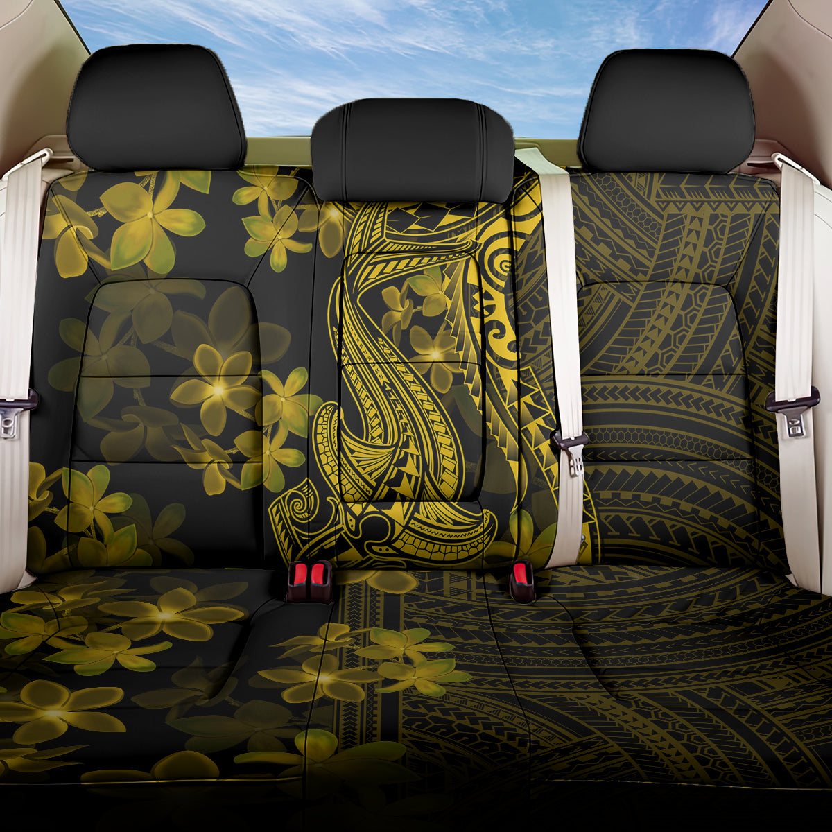 Gold Polynesia Shark Tattoo Back Car Seat Cover With Polynesian Plumeria LT14 One Size Gold - Polynesian Pride