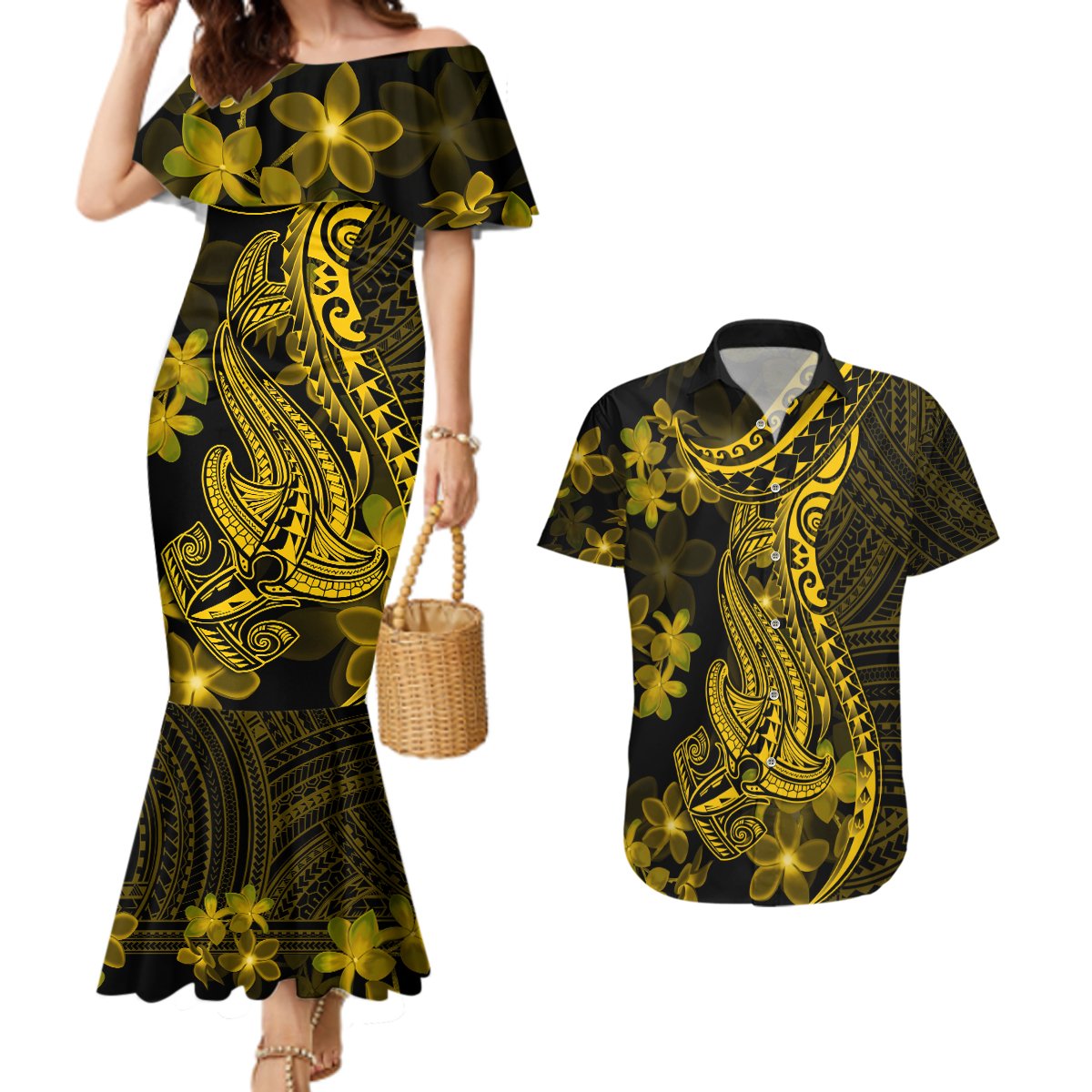 Gold Polynesia Shark Tattoo Couples Matching Mermaid Dress and Hawaiian Shirt With Polynesian Plumeria LT14 Gold - Polynesian Pride