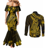 Gold Polynesia Shark Tattoo Couples Matching Mermaid Dress and Long Sleeve Button Shirt With Polynesian Plumeria LT14 - Polynesian Pride