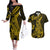 Gold Polynesia Shark Tattoo Couples Matching Off The Shoulder Long Sleeve Dress and Hawaiian Shirt With Polynesian Plumeria LT14 Gold - Polynesian Pride